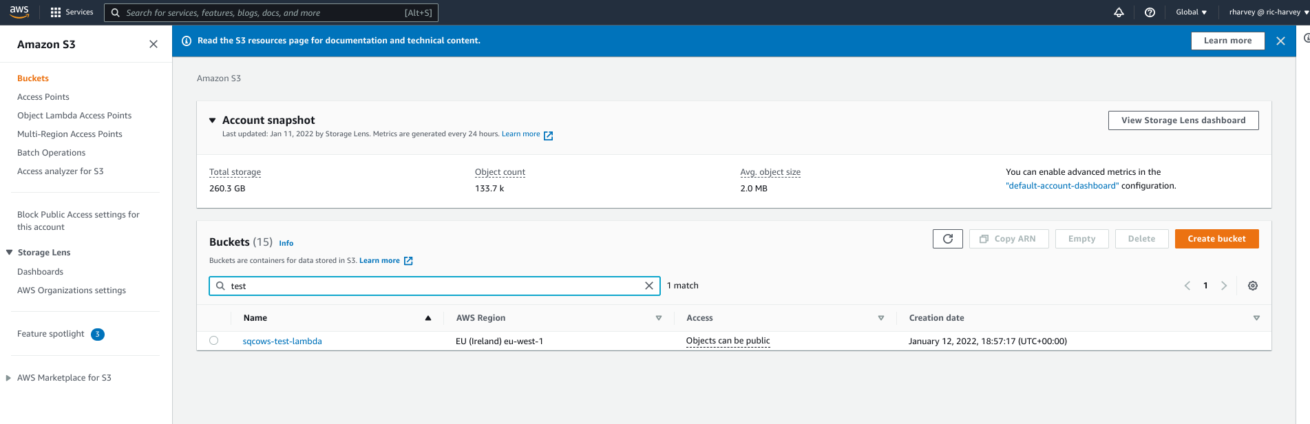 AWS Console showing s3 bucket